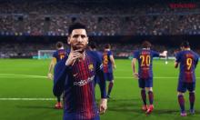 Lionel Messi pose for the camera goal celebration.