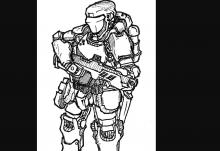 A drawing of a pawn in power armor, wielding a charge rifle.
