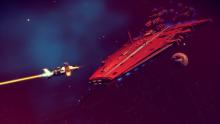 Here, this image depicts a ship flying to board a freighter.