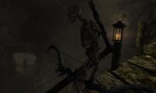 A skeleton enemy about the meet the tip of an arrow. 