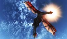 A dragon taking to the skies on a sunny day. 