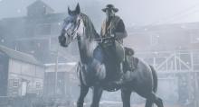 A masked outlaw stalking the mining town of Annesburg on his Klaudruber.