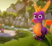 Spyro giving the camera a grin in one of the first levels of Spyro 2.