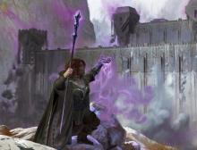 Wizard holding black staff casting purple magic on castle