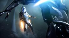 A Clone Jet trooper faces off against a Commando Droid