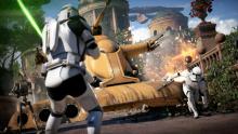Clone troopers clash with battle droids.