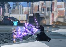 A Sith Inquisitor blasts enemies with Force Lightning.