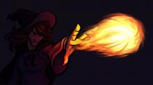 A robed wizard cast in shadow is briefly illuminated by a bolt of fire that escapes from their hand