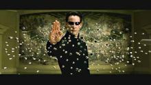 One of the best scenes from the Trilogy, Neo's freezing of the bullets while manipulating the Matrix is iconic.
