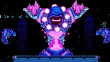 The main character readies to fight a large neon purple boss in The Messenger