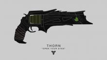 Thorn, in its menacing black, sits above a title