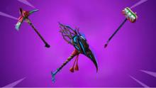 Three different dark-theme pickaxes with a purple background.