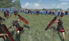 Roman soldiers attempt to weaken enemy advance by throwing javelins at them.