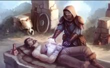 With a feverish grin, the bandit wound closes as the priest kindly heals his wounds...after evangelizing him