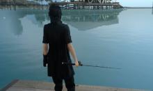 Noctis pulling off a loose T-pose in front of the water