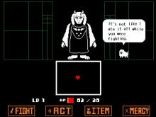 Hard Mode ends with an interruption from Annoying Dog during the fight against Toriel