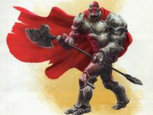 Big metal robot with red cape and warhammer