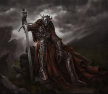 An evil warforged is sat over his new kingdom, his sword keeping him steady, and the sky dark around him.