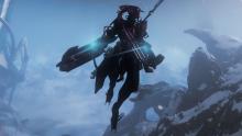 Trinity uses her archwing to fly above the icy mountains of Orb Vallis