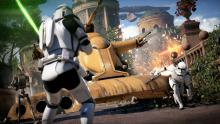 Clone trooper barely escapes an incoming Separatist tank.