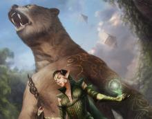 A druid stands in front of a snarling bear, one of the many wild shapes available to the class.