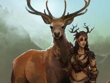 A smiling druid with an antler headdress stands next to their deer companion, one of the various shapes a druid can shift into.