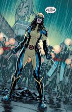 As Laura approaches a terrorist situation in All-New Wolverine, she takes off her cloak to reveal her costume, showing the villains exactly who they're dealing with. 