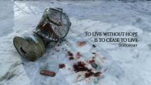 A bloodied and broken gas mask lying in blood-stained snow gives the sense of danger that can leap out at you from the unpredictable environment.