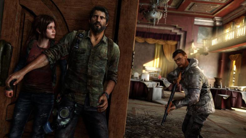Joel and Ellie hide behind a wall as a hunter, holding a gun, approaches from around the corner.