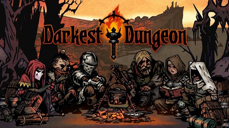 The Darkest Dungeon heroes resting around a campfire.