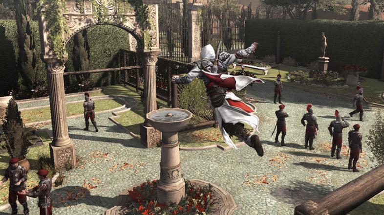 Ezio assassinates an enemy in Assassin's Creed 