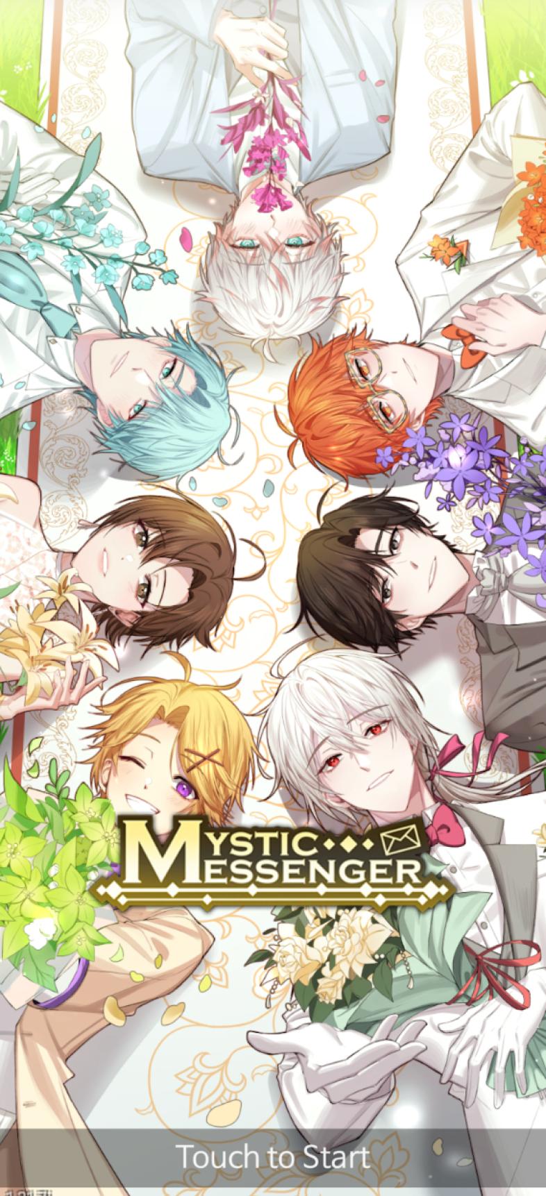 All of the love interests of Mystic Messenger presenting color-coded flowers to players during the January Home Screen change. 