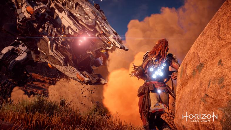 Shield Weaver Armor protecting Aloy from the attack of a Thunderjaw