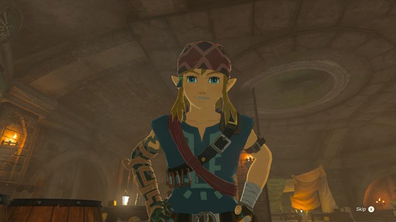 A very happy Link looks over his homemade meal.