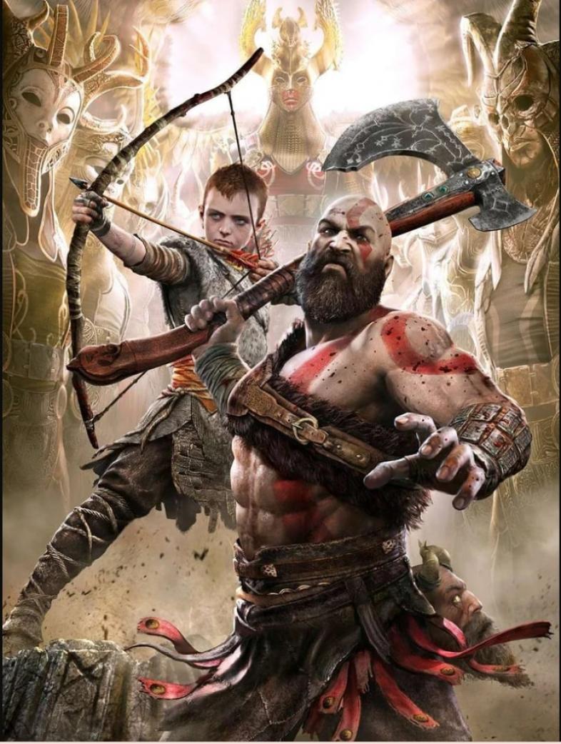 Kratos and Atreus working together to fight the Valkyries