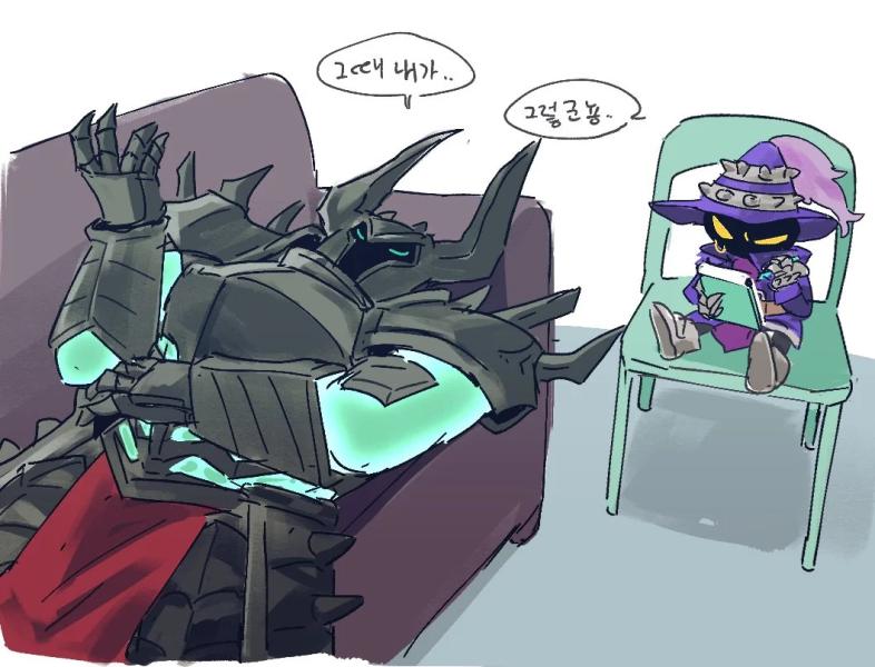 Mordekaiser getting therapy from Veigar with text in Korean.