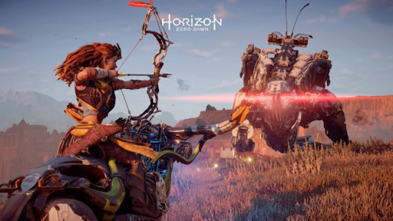 Aloy attacking a Thunderjaw with a Sharpshot Bow