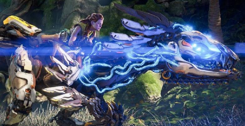 Aloy riding on a Clawstrider