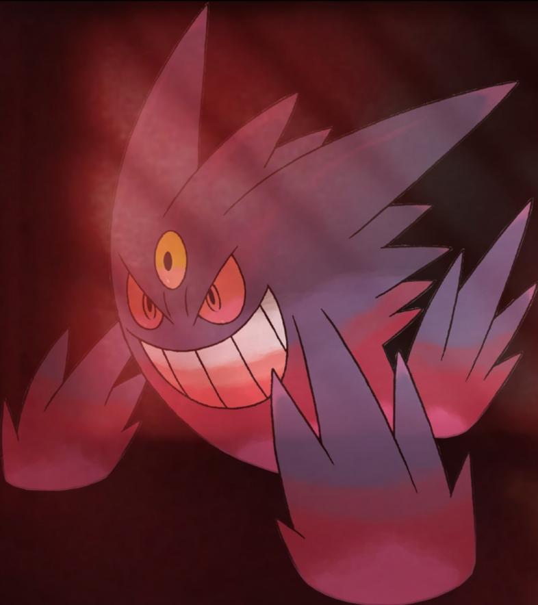 Pokemon GO Best Mega Evolutions For PVE. A Pokémon purple and red on a black background with red lights. This Pokémon is Mega Gengar. It has red eyes and a malicious smile 