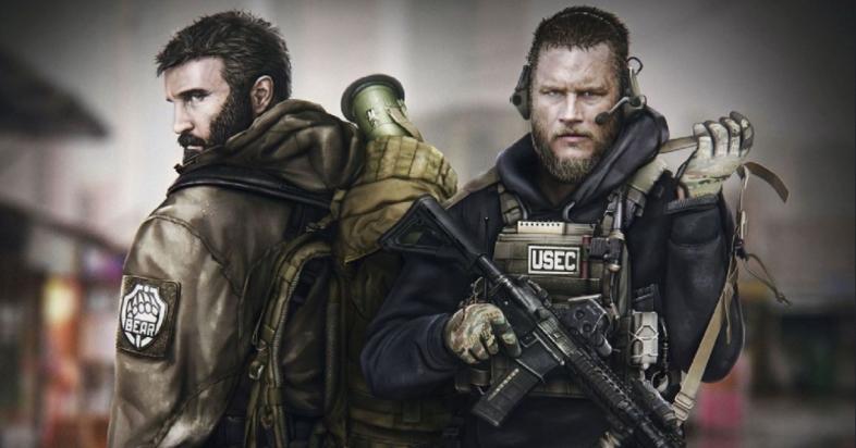 The imagery from the game's launcher which features two PMCs of opposing factions.