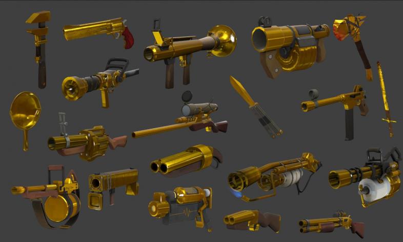 A collection of Australium weapons from Team Fortress 2