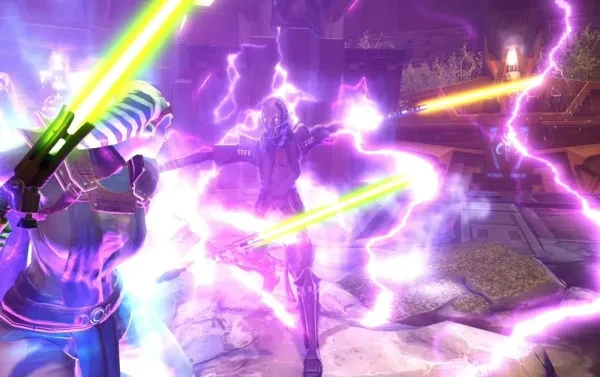 SWTOR Best PvP Class Players battle it out as Jedi lightsabers and Sith lightning meet.