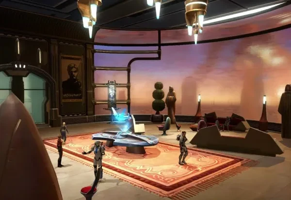 SWTOR's Best Stronghold The Coruscant Apartment's main room with a beautiful skyline.