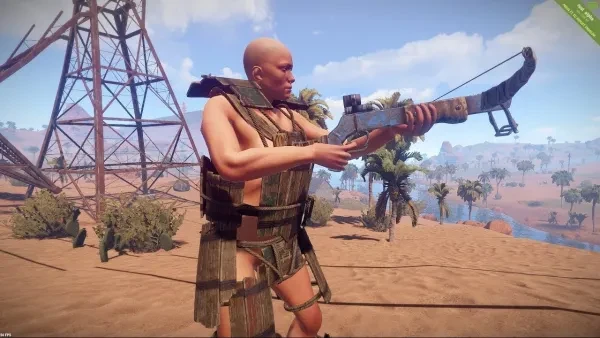 A still from Rust in which a player reloads the crossbow while wearing wooden armor. A screenshot of the wooden armor and crossbow in action.