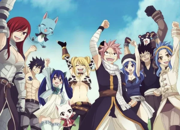 The Fairy Tail guild with their fists in the air! Fairy Tail bands together to save the day!