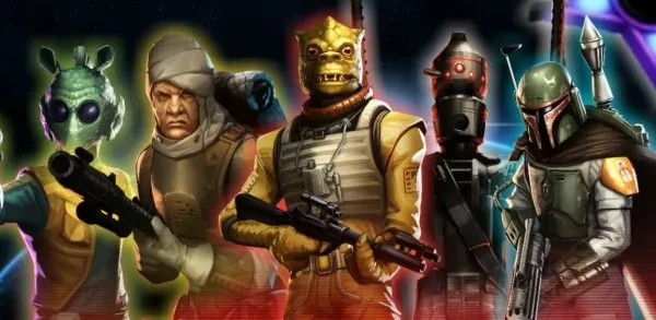 Bossk standing at the center of the most revered Bounty Hunters in Star Wars bounty hunting teams, star wars galaxy of heroes, boba fett, bossk, top teams