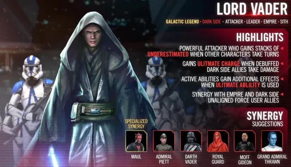 Lord Vader: his abilities, synergy, and strengths Galaxy of Heroes, Top empire teams