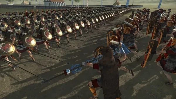 Greek hoplites battling Roman soldiers.