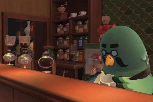 Brewster the barista pigeon, who is in charge of providing the island with their caffeine needs. brewster, coffee, animal crossing new horizons, animal crossing, the roost