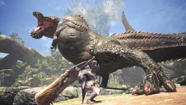 Hunter with greatsword preparing to strike a Deviljho